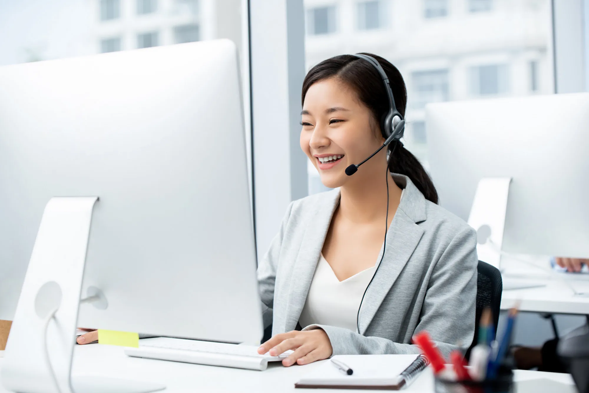 Woman Wearing Microphone Headset Working Call Center Office